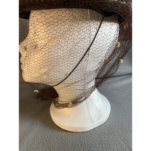 Ladies Brown Hat with netting and Pom Pom accents Sz 22 Vintage main image 3